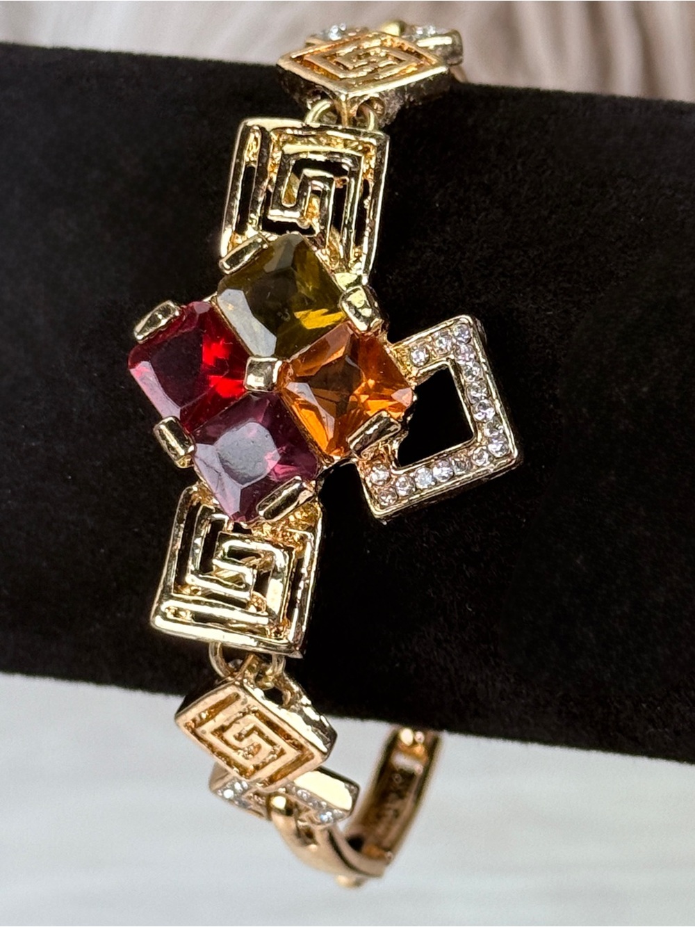 Vintage Geometric Goldtone Bracelet Multicolor Faceted Stones Greek Key Links